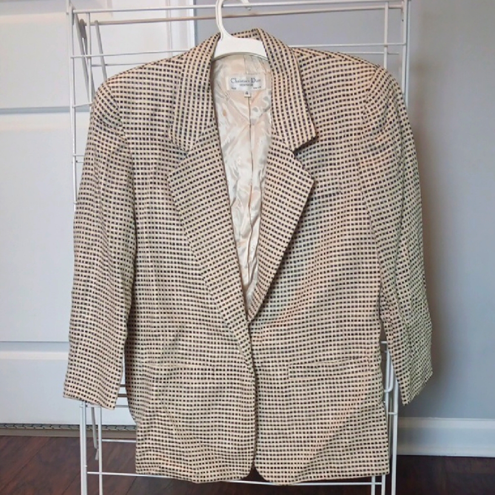 Christian Dior Black and Cream Checkered Blazer vintage vtg 4 3/4 sleeve
